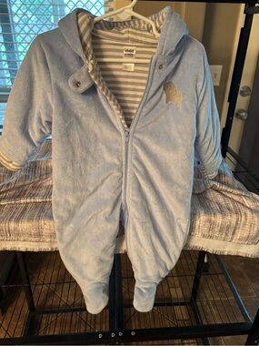 child of mine Soft Light Blue Plush Hooded Footed One-Piece with Whale